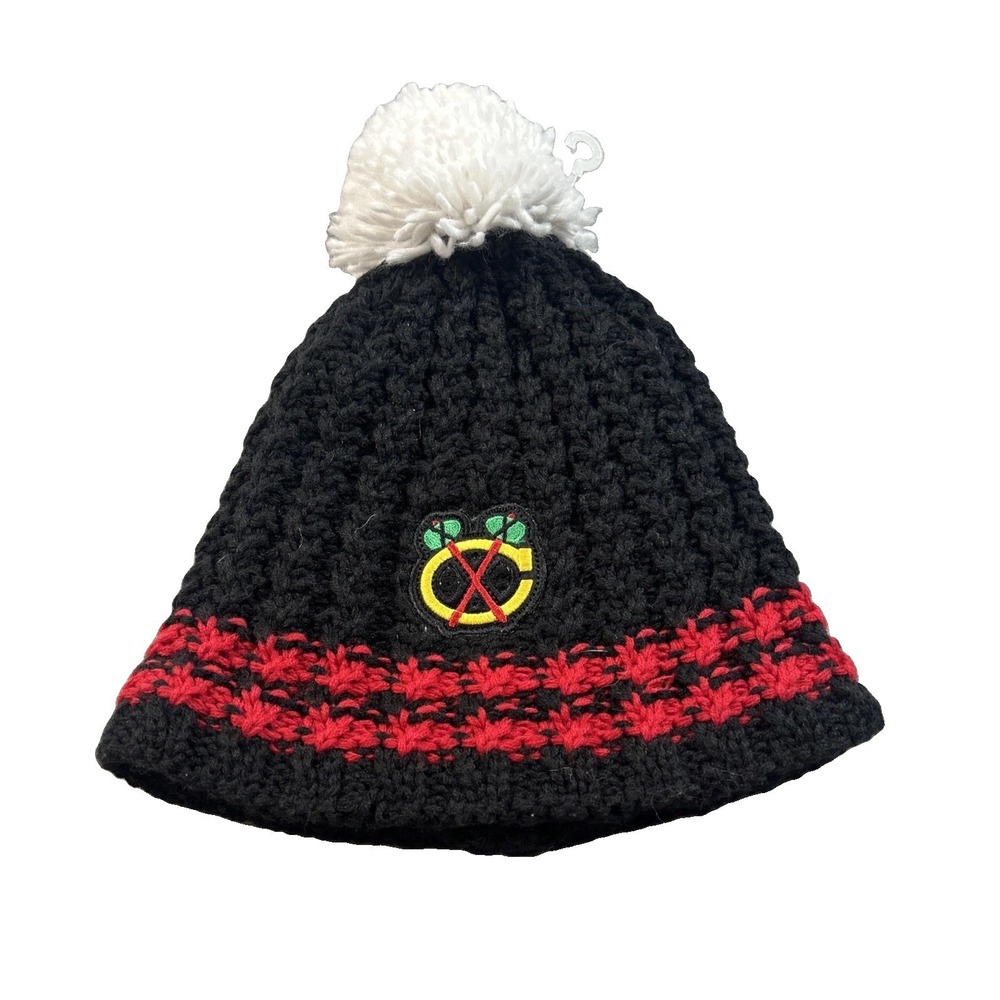 Chicago Blackhawks Mens Winter Beanie Knit Pom Pom Hat Black Red One Size